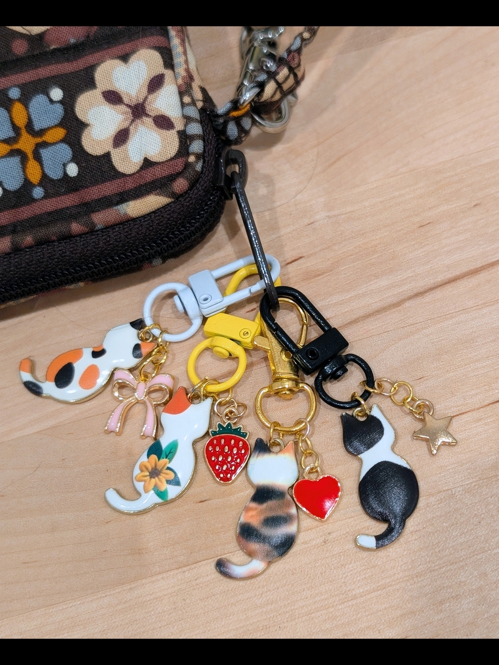Yellow Keychain with Cat and Strawberry Charms - Picture 3 of 3